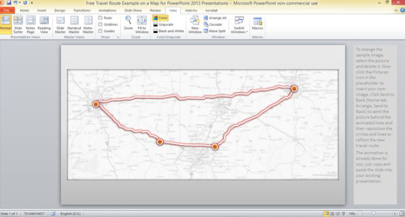 Kostenlose Reiseroute Beispiel auf einer Karte für Powerpoint 2013