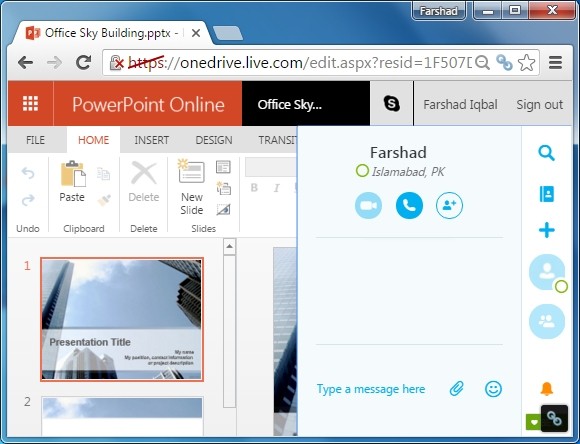 Skype чат с помощью PowerPoint онлайн