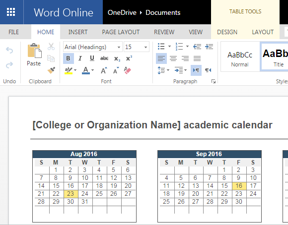 2016-2017 modelo do calendário acadêmico para o Word on-line