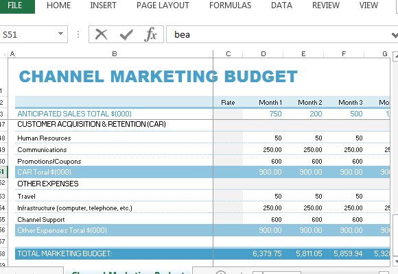 Canal de Marketing Modelo de orçamento para Excel