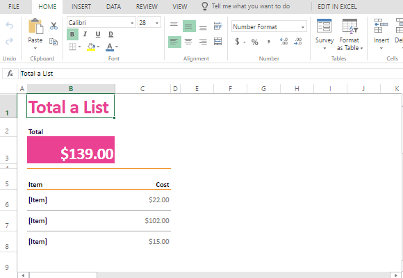 Список покупок Калькулятор стоимости Шаблон для Excel онлайн