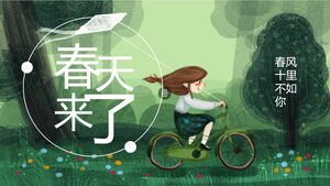 Acuarela fresca pintada a mano niña montando una bicicleta y volando una cometa en el fondo de la primavera llegó la plantilla PPT