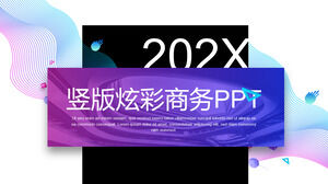 Template PPT presentasi bisnis vertikal dengan latar belakang kurva biru ungu berwarna-warni