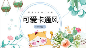 Șablon PPT de fundal drăguț de pisică și flori de desene animate