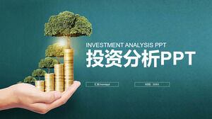 PPT template for investment analysis of green hand supported trees and gold coin background
