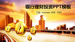Template PPT investasi pembiayaan keuangan dengan arsitektur emas dan latar belakang mata uang