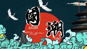 Scarica il modello PPT China-Chic Wind con il sole rosso e lo sfondo della marea della gru