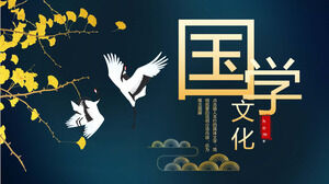 Templat PPT Gaya China-Chic dan Budaya Tradisional Tiongkok dengan latar belakang daun derek ginkgo