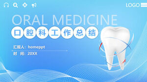 Download do modelo de PPT de resumo de trabalho odontológico azul com plano de fundo odontológico