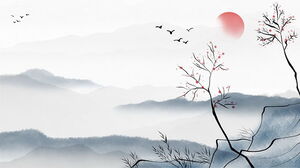 Cuatro montañas de tinta y lavado, ramas de árboles, pájaros voladores, sol rojo, imágenes de fondo PPT de estilo chino