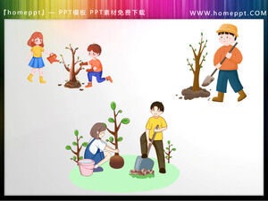 Imágenes de material PPT de plantación de árboles de tres estudiantes de dibujos animados