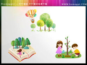儿童植树三幅卡通水彩PPT素材下载