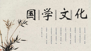 Baixe o modelo de PowerPoint para o tema da cultura tradicional chinesa com tinta minimalista e fundo de bambu