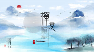 Blaue Tinte Landschaft Hintergrund Zen Thema PPT-Vorlage
