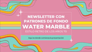 Newsletter mit coolen Wassermarmor-Hintergrundmustern im Retro-Stil der 70er Jahre