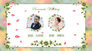 下載帶有彩色花瓣和藤蔓植物背景的浪漫婚禮相冊PPT模板