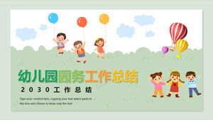 Download the PPT template for summarizing kindergarten management work with cute cartoon children background