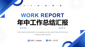 Arbeitszusammenfassungsbericht zur Jahresmitte mit blauem Hintergrund mit vereinfachter Geometrie. PPT-Vorlage herunterladen