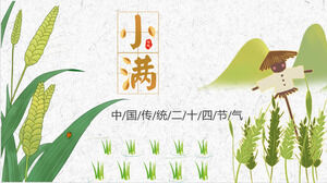PPT-Vorlage zur Einführung des Xiaoman-Solarbegriffs vor dem Hintergrund grüner Reisfelder, Weizenähren und Vogelscheuchen