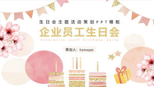 Download PPT template for enterprise employee birthday party with pink watercolor flower cake background