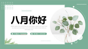 Literatura verde y arte Fondo de bonsái de hoja verde fresca pequeña Hola plantilla PPT de agosto