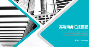 Plantilla PPT de informe comercial azul para fondo de edificio de gran altura en blanco y negro