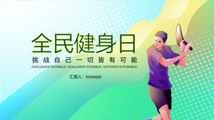 Plantilla PPT para promover el Día Nacional del Fitness con ondas dinámicas y antecedentes de jugadores de tenis