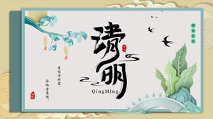 Modelo de PPT para a reunião temática do Festival de Qingming com um fundo de plantas verdes e andorinhas em Shibanqiao