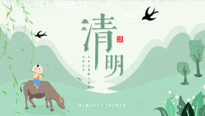 Szablon PPT dla Qingming Festival z tłem zielonych i świeżych bawołów i pasterzy z doliny