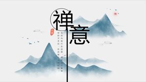 Download the Zen PPT template with a blue ink and mountain background