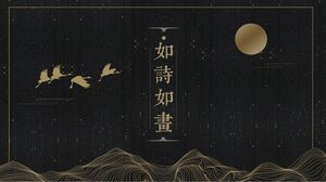 Download the ancient style PPT template with a background of black and golden mountains and flying birds