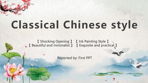Modèle PPT de style chinois classique avec lotus, feuilles de lotus, fleurs de prunier, grues, arrière-plan