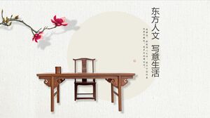 Drewniane meble w stylu chińskim wyświetlają szablon PPT z klasycznym drewnianym tłem stołu
