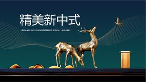 Descargue la nueva plantilla PPT china para el fondo de la escultura del ciervo dorado