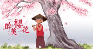 Ein Junge spielt FlöteEin Junge spielt Flöte unter einem Baum mit der PPT-Vorlage „Drunk Sakura“ als Hintergrund für die Tourismusförderung unter einem Baum mit der PPT-Vorlage „Drunk Sakura“ als Hintergrund für die Tourismusförderung