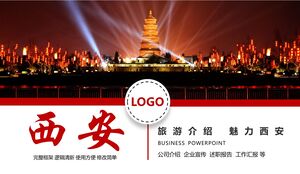 Templat PPT untuk memperkenalkan pariwisata Xi'an di bawah pemandangan malam menara tinggi di bawah pencahayaan