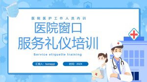 Blaue PPT-Vorlage für Krankenhausärzte und Krankenschwestern zum Ausschneiden und Zeichnen des Hintergrunds für Krankenhausfenster, Service-Etikette-Schulung