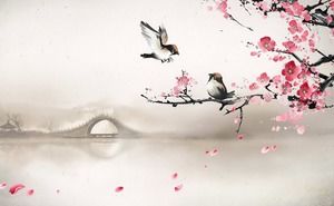 Imagens clássicas de PPT de ponte de arco de flor de pêssego rosa