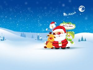 卡通聖誕老人馴鹿雪人美麗矢量雪景藍色聖誕節ppt模板
