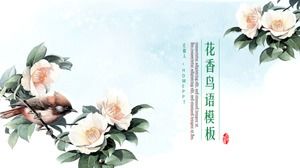 Modello di PPT della lingua floreale e dell'uccello sul fondo cinese della pittura