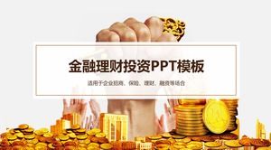 Template PPT untuk investasi keuangan dan manajemen keuangan dengan latar belakang koin emas dan kunci emas