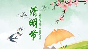 Qingming Festival PPT szablon wiosenny deszcz jaskółki tło brzoskwini