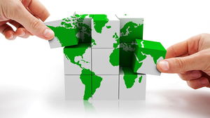 緑の世界地図のビルディングブロックPPT背景画像
