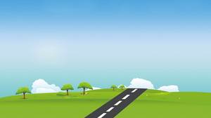 Imagem de fundo dos desenhos animados céu azul e nuvem branca grama estrada PPT