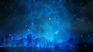 푸른 별이 빛나는 하늘 아래 도시의 PPT 배경 이미지