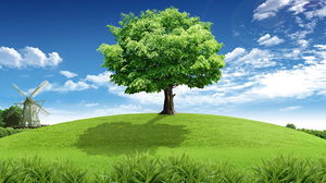 PPT arka plan resmi mavi gökyüzü ve beyaz bulut çim yel değirmeni yeşil ağaç