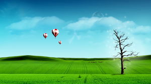 Poza de fundal PPT a cerului albastru și a balonului cu aer alb cu iarbă de nor