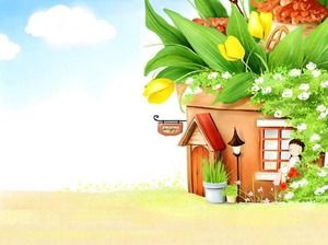 PPT-Hintergrundbild des großen Baumhaus-Karikatur der Sonnenblume
