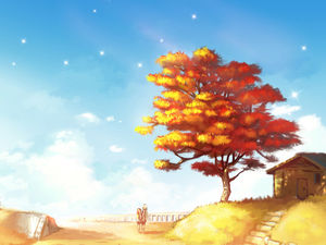 PPT arka plan resmi çizgi film büyük ağaç evi karakter mavi yıldızlı gökyüzü altında