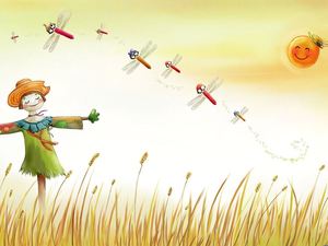 稻草人卡通看着蜻蜓在麦田中的PPT背景图片